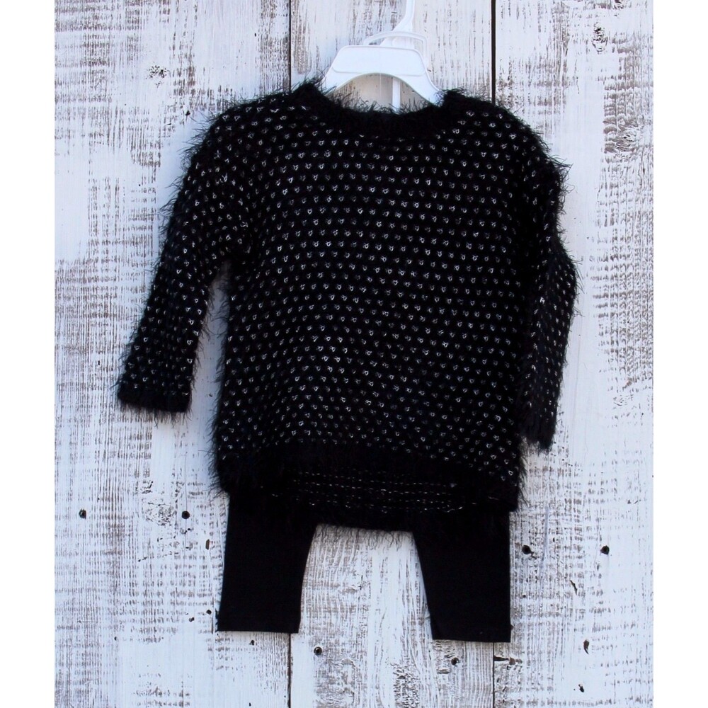 DKNY Black Silver Metallic Woolly Sweater Legging Outfit 2Pc Sz 12, 24 Months